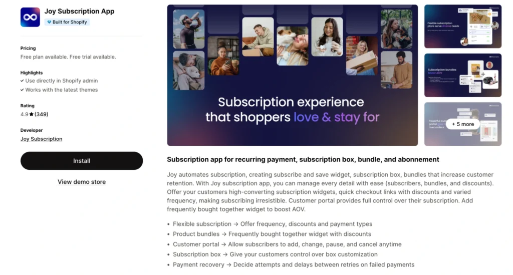 Joy subscription app listing on Shopify